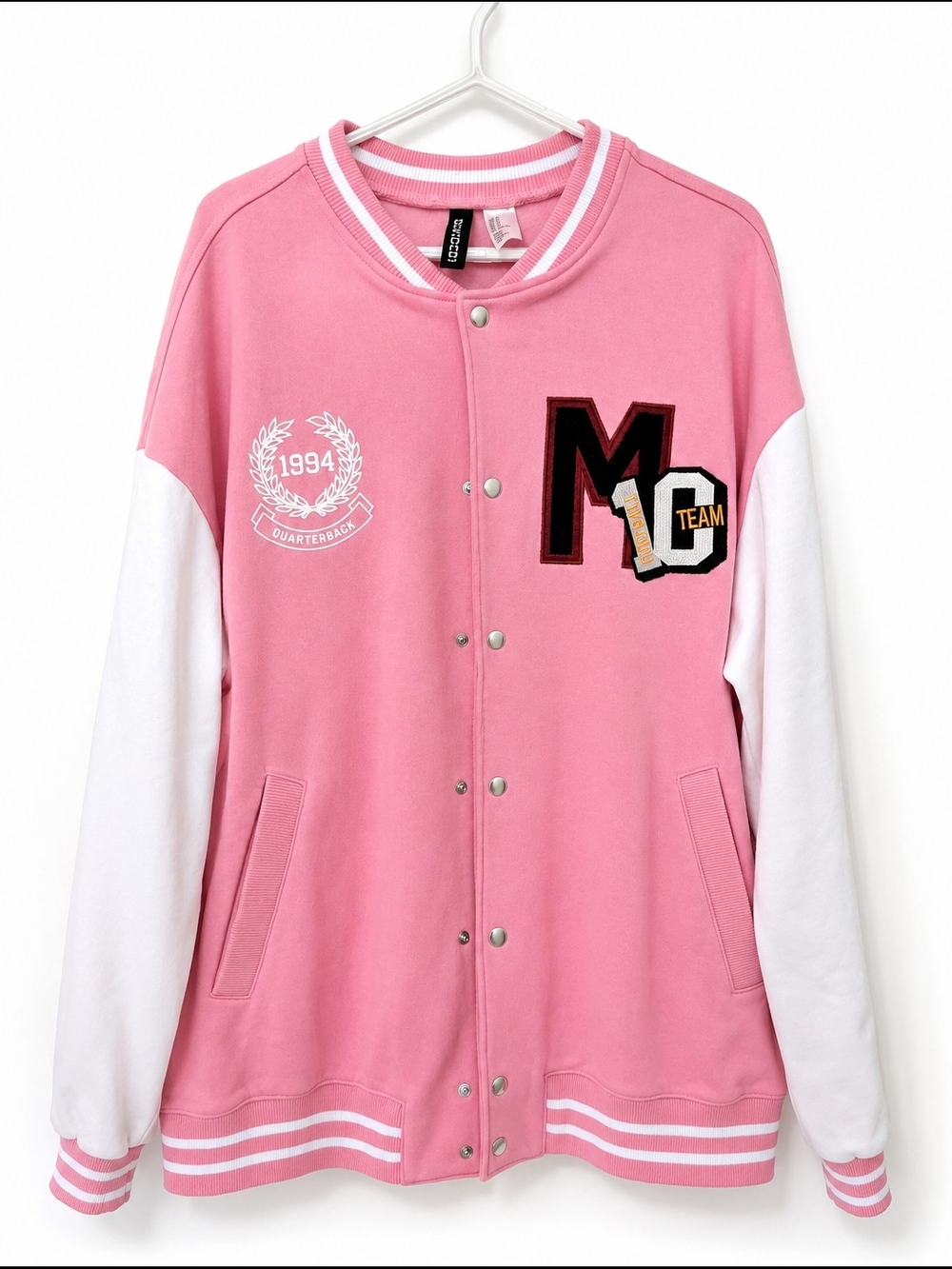 H&M Pink and White Varsity Bomber Jacket